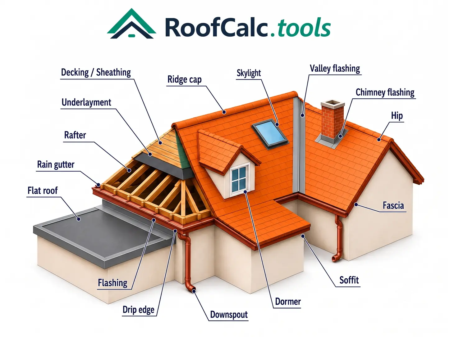 Labeled roof parts diagram showing decking, underlayment, rafters, ridge, hip, valley flashing, fascia, eave, soffit, gutter, downspout, skylight, and chimney flashing.