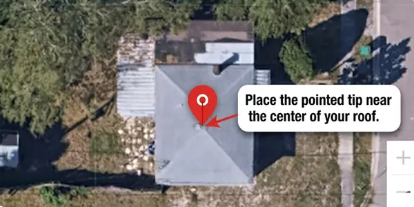 Example showing the pointed tip of a red map pin as the roof measurement point